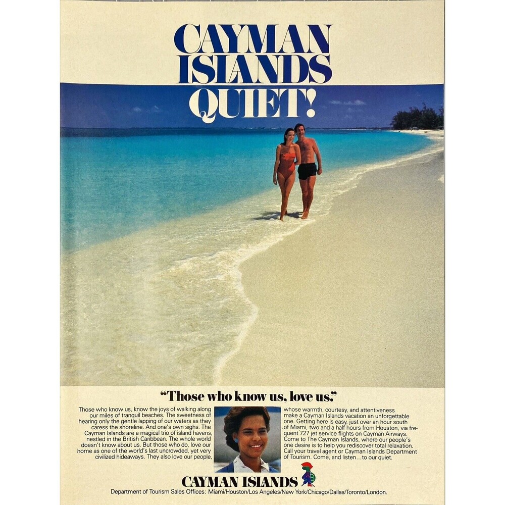 Cayman Islands Quiet! "know us love us"  Walking on Tranquil Beach Print Ad 1985